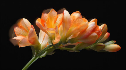 Orange freesia flower dying over time, shown in time-lapse with black background