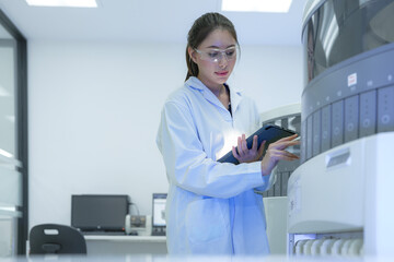 A scientist of the future reviews multiple experimental paths suggested by an AI on her tablet, using her human expertise to select the most promising hypothesis for the next automated test. © ultramansk