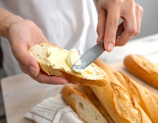 Woman spreading butter on baguette slices