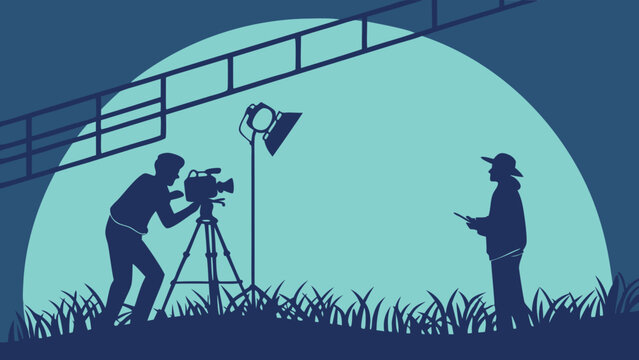 Filmmaking crew silhouettes movie production video shooting director and cameraman outdoor set night shoot film industry behind the scenes cinema movie making vector art illustration.