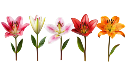 Five colorful lilies in a row isolated on transparent background