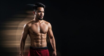 Fototapeta premium Focused Fitness: A muscular figure, radiates strength and discipline, his gaze fixed forward with a determined expression. The contrast of light and shadow amplifies his form