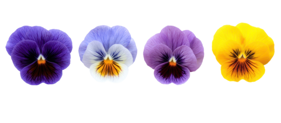 Four colorful pansy flowers arranged in a row isolated on transparent background