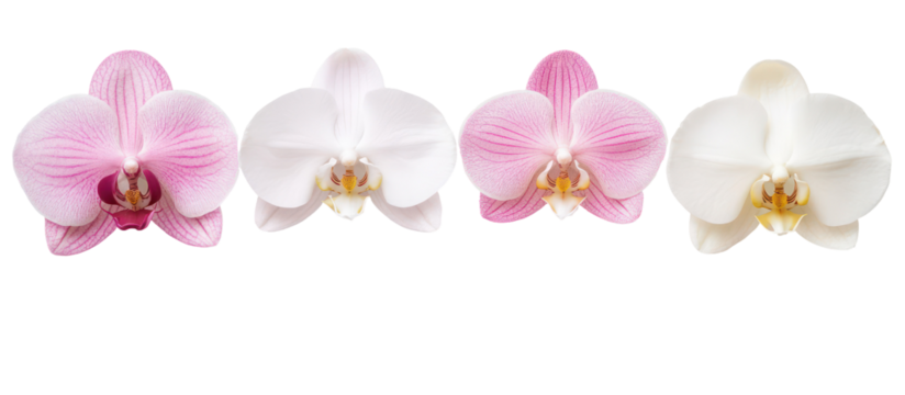 Four orchid flowers pink and white isolated on transparent background
