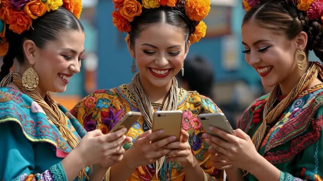 Joyful Engagement of Women in Colorful Traditional Attire with Smartphones in Vibrant Scene, Day Of The Dead Theme.