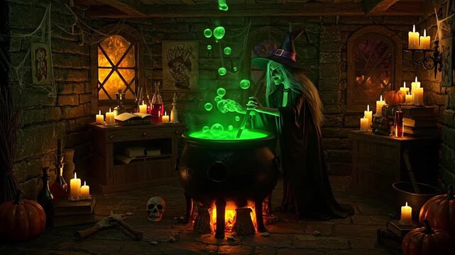A witch brews a bubbling green potion in a dark, eerie setting.