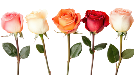 Five colorful roses in a row isolated on transparent background