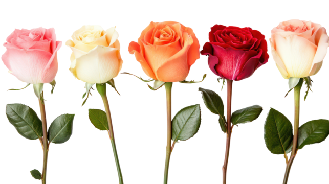 Five colorful roses in a row isolated on transparent background