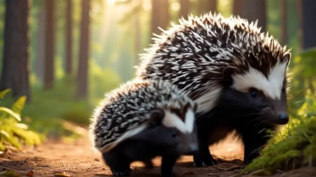 Two hedgehogs on a forest path