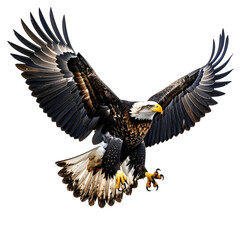 Obraz premium A majestic eagle with white head and dark wings soars with talons extended