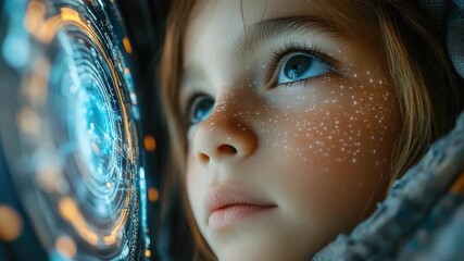 A young girl with blue eyes examining a clock, suitable for use in educational or family settings - Powered by Adobe