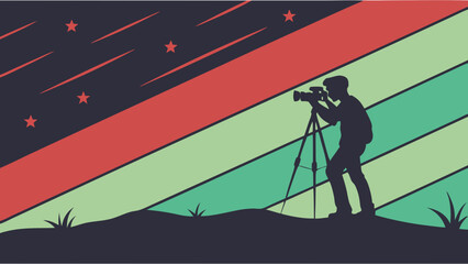 Fototapeta premium Photographer Silhouette Capturing Night Sky with Shooting Stars Retro Style Illustration.