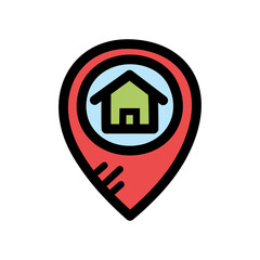 Red Location Pin Icon with Green House Inside Light Blue Circle on White Background Represents Address or Navigation Concept