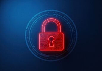 Cybersecurity Lock: A digitally rendered image of a bright red padlock glows against a gradient blue backdrop, evoking themes of security, protection, and data safeguarding. 