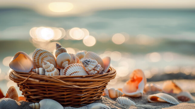Cesta com conchas na areia da praia ao p&ocirc;r do sol