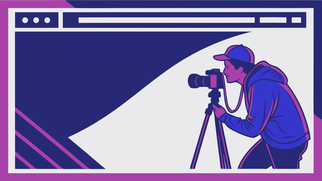 Photographer using DSLR camera on tripod vector illustration website banner graphic design element.