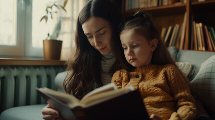 Mãe e filha lendo um livro juntas sob luz suave