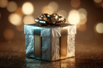 Festive Silver Gift Box with Golden Ribbon and Bokeh Lights, Celebrating Joyful Occasion.