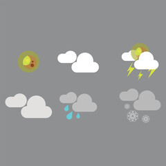 Obraz premium Weather Forecast Icons Representing Sunshine Clouds Rain Thunder and Snow on a Gray Background