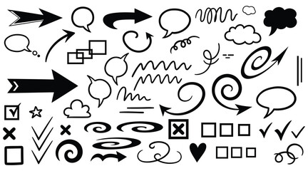 Illustration of collection of handdrawn doodle icons including arrows, speech bubbles, swirls, and checkmarks