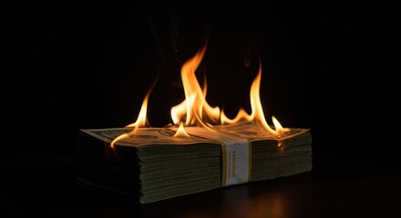 Burning Money: A visual metaphor of financial loss, with a bundle of currency consumed by flames against a dark backdrop, highlighting the destructive nature of financial irresponsibility.