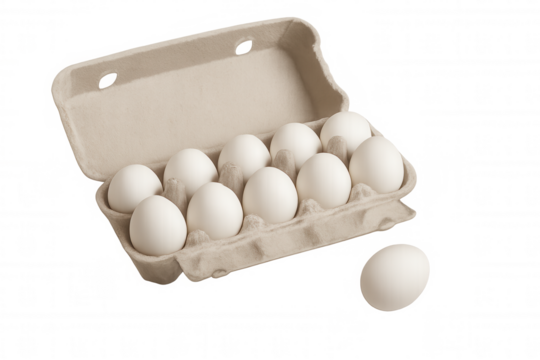 Fresh chicken eggs in an open recycled pulp tray, displaying healthy ingredients for cooking and breakfast on a transparent background