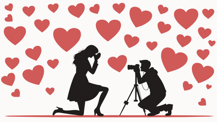 Romantic proposal silhouette photography hearts background love valentines day marriage proposal engagement wedding couple photographer camera silhouette art vector illustration graph.