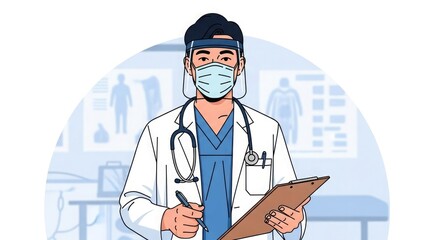 Fototapeta premium A doctor in a lab coat, face shield, and mask holds a clipboard and pen in a medical setting.
