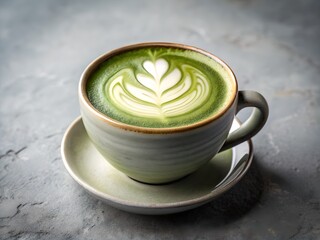 Matcha latte art in a ceramic cup on a gray surface showcasing a beautiful creamy green beverage