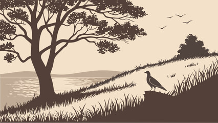 Fototapeta premium Serene Lakeside Landscape with Bird Silhouette and Trees Nature Illustration Calm Waters Grass Bird Watching Wildlife Illustration Peaceful Scene.