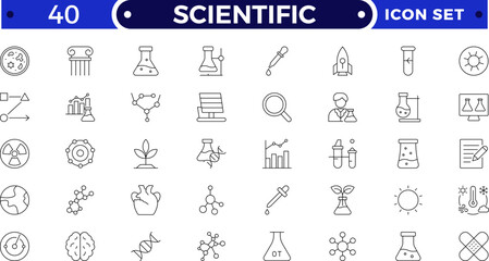 Scientific outline icon set highlights essential elements of scientific trials and medical research. Ideal for illustrating protocols, data validation, risk evaluation, and regulatory compliance.