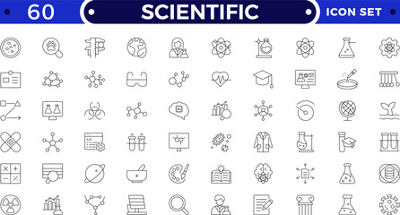 Scientific outline icon set highlights essential elements of scientific trials and medical research. Ideal for illustrating protocols, data validation, risk evaluation, and regulatory compliance.