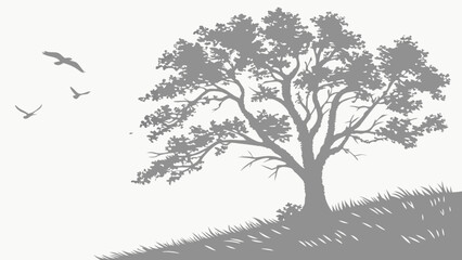 Obraz premium Serene Landscape Illustration Grey Tree Silhouette with Birds in Flight.