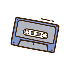 Retro Cassette Tape Doodle Illustration With Brown Outline On Transparent Background And Blue Gray Body