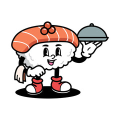 Retro Food Character Sushi Holding Serving Dome With Salmon Roe And Salmon Nigiri Hat On White Background