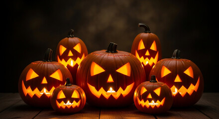 A group of glowing jackolanterns are arranged on a wooden surface, their carved faces illuminated against a dark background, creating a spooky halloween scene