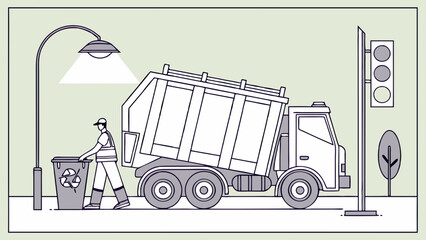 Garbage truck collecting recycling bin on city street illustration.