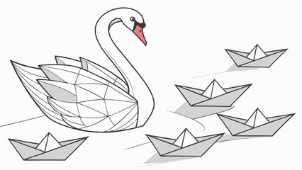 Geometric Swan with Paper Boats Illustration Line Art Water Bird Origami Boats Elegant Design Simple Graphic White Background.