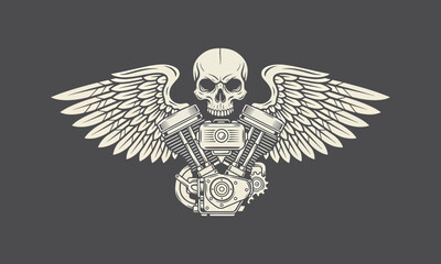 Winged Skull with Motorcycle Engine, Vintage Biker Club Emblem Vector Illustration