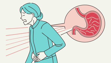 Illustration of a person experiencing stomach pain with anatomical stomach diagram.