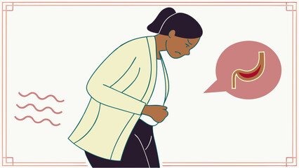 Illustration of a Person Experiencing Stomach Pain with Stomach Anatomy Diagram.
