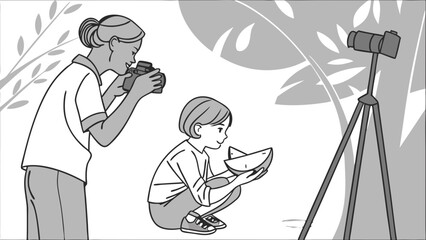 Illustration of a photography session featuring a child and an adult capturing a candid moment with fruit.