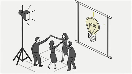 Illustration of a Team Celebrating a New Idea Studio Setting with Lighting Equipment.