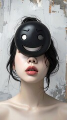 Woman with a black emoji mask