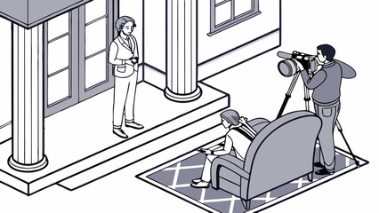 Isometric Illustration of a Film Crew Filming an Interview Outside a Building.