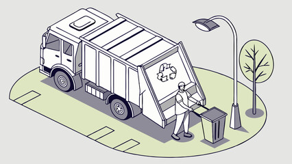 Isometric Illustration of a Garbage Truck and Sanitation Worker Emptying a Recycling Bin.
