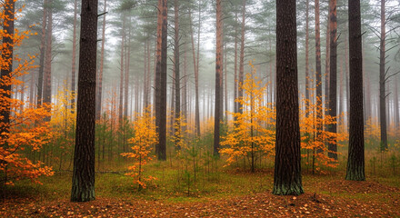 Fototapeta premium A misty autumn forest with tall trees and colorful foliage creates a serene and enchanting atmosphere, inviting exploration and contemplation of natures beauty