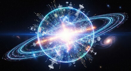 Obraz premium A glowing sphere surrounded by rings and satellites, set against a backdrop of galaxies and stars.