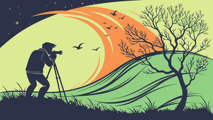 Photographer Silhouette Capturing Sunset Landscape with Birds and Tree.
