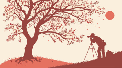 Photographer Silhouetted Against a Large Tree and Setting Sun Autumnal Landscape Illustration.